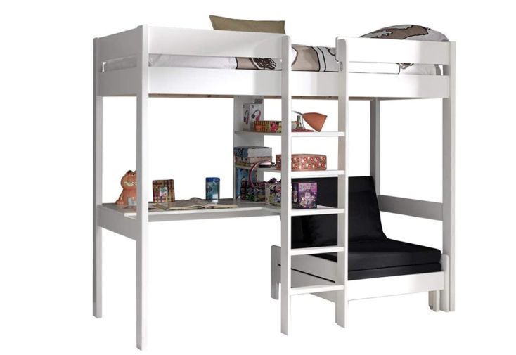 Lit Mezzanine en Bois 1 Place avec Bureau et Fauteuil 90 x 200 cm Pino