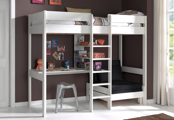 Lit Mezzanine en Bois 1 Place avec Bureau et Fauteuil 90 x 200 cm Pino