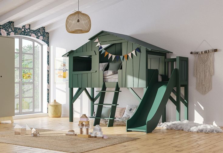 Lit cabane mezzanine avec toboggan – 90 x 190 cm