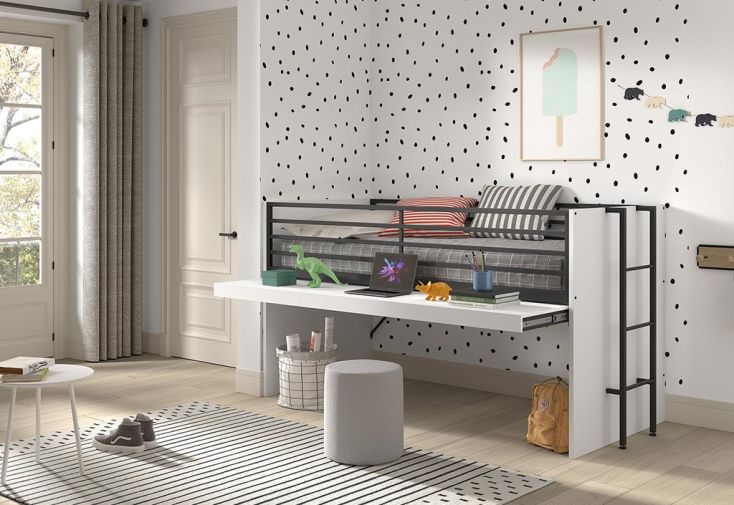 Lit mi-hauteur enfant 90 x 200 cm avec bureau coulissant Sam - Blanc