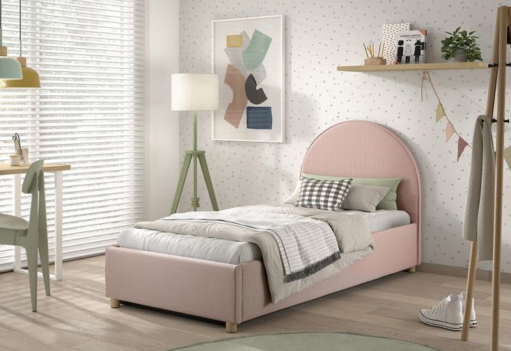 Lit simple en bois et tissu bouclé + rangements Moon – 90 x 200 cm