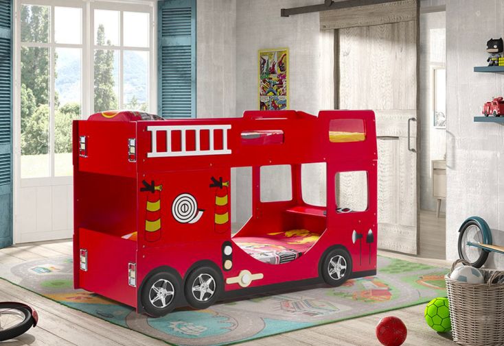 Lit Superposé Enfant Camion de Pompier 90 x 200 cm en Bois