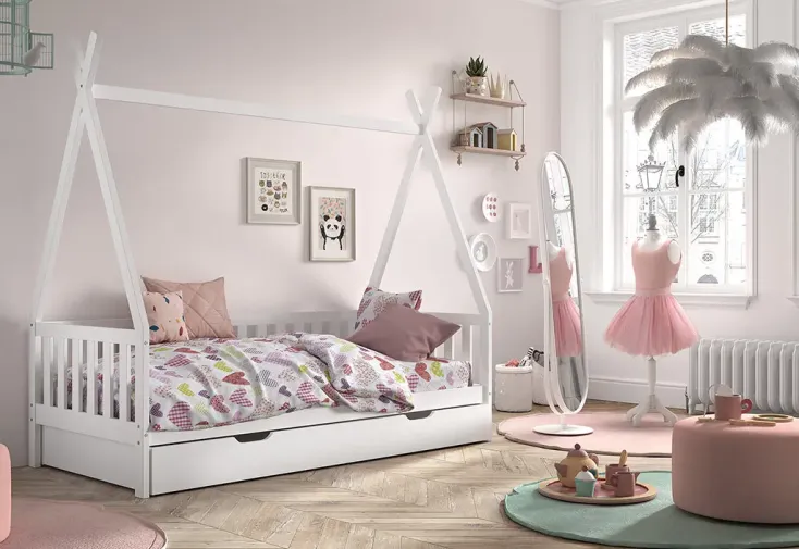 Lit tipi enfant en bois de pin avec tiroir blanc – 90 x 200 cm 