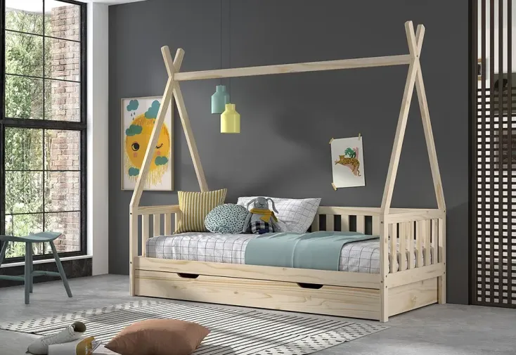 Lit tipi enfant en bois de pin avec tiroir naturel – 90 x 200 cm 