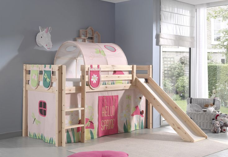 Lit pour enfant en bois 90 x 200 cm abri + toboggan 6 ans et plus