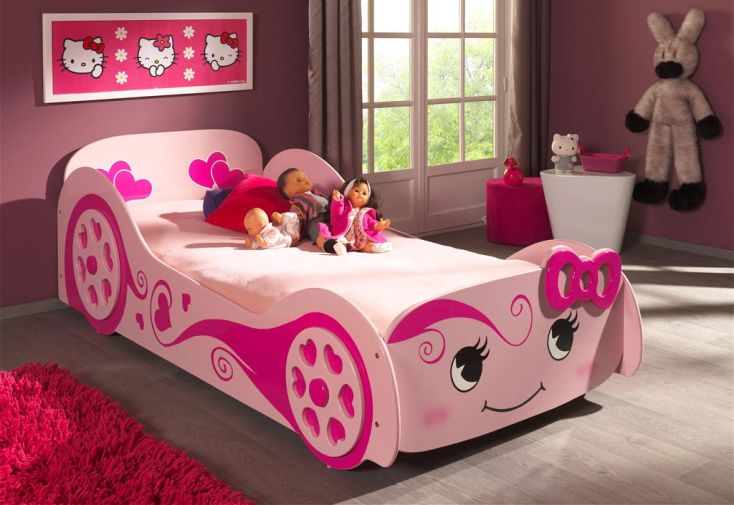 Lit Voiture Rose en Bois pour Enfant 90 x 200 cm Love Car