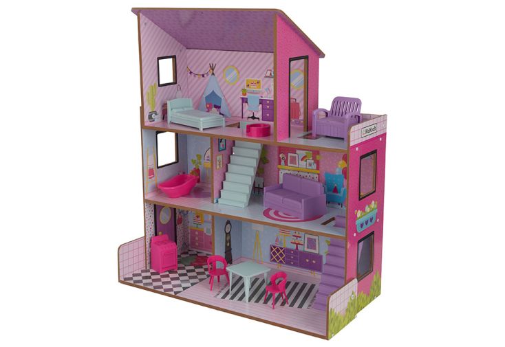 Maison de poupées en MDF et plastique 7 pièces + 10 meubles – Lolly