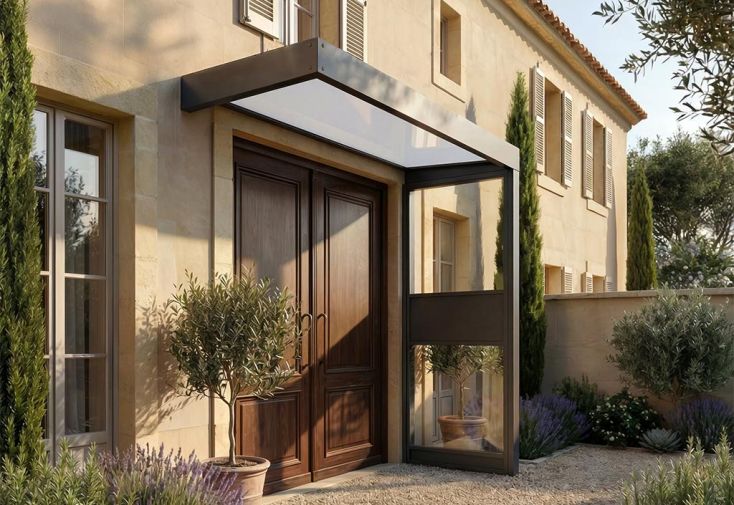 Marquise en aluminium et acrylique opale + 1 paroi latérale - 215 cm