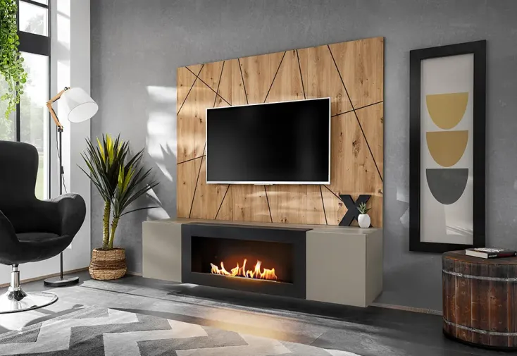 Meuble TV suspendu en bois 160 cm + biocheminée et panneau - Xari G2K