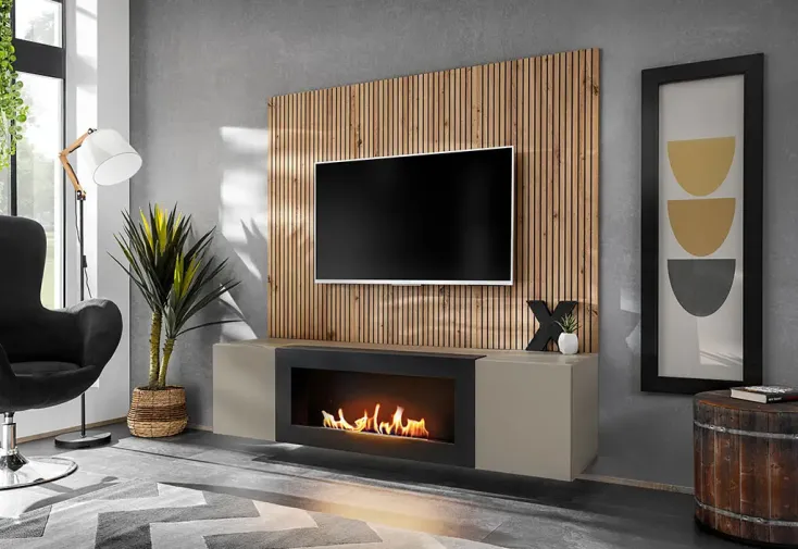 Meuble TV suspendu en bois 160 cm + biocheminée et panneau - Xari LK2