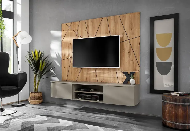 Meuble TV suspendu en bois 160 cm avec panneau mural - Xari G2