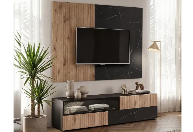 Meuble TV en bois et effet marbre noir 160 cm - System Cannes 1