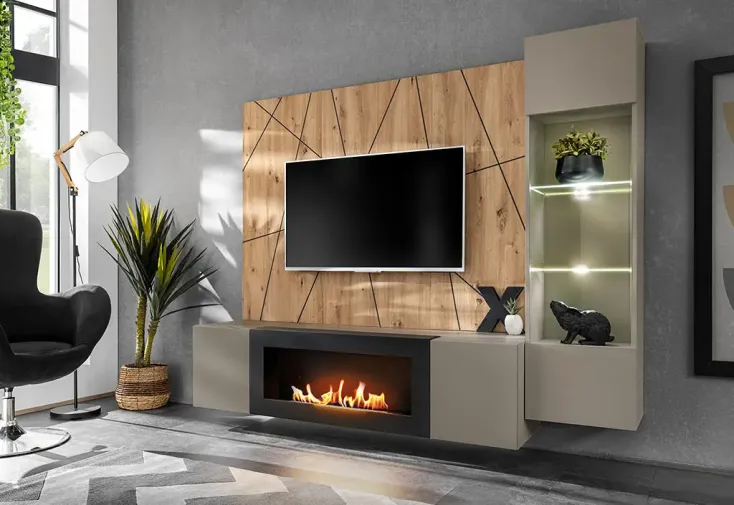 Meuble TV suspendu en bois 200 cm + biocheminée et vitrine - Xari GK