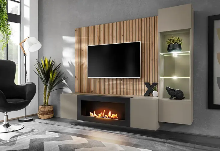 Meuble TV suspendu en bois 200 cm + biocheminée et vitrine - Xari LK