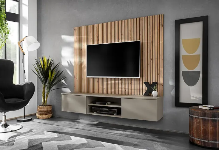 Meuble TV suspendu en bois 160 cm avec panneau mural - Xari L2