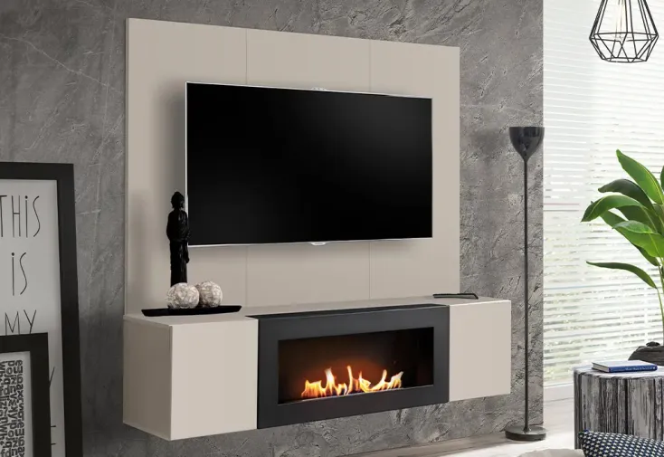 Meuble TV suspendu en bois beige 160 cm + biocheminée et panneau - Fly B