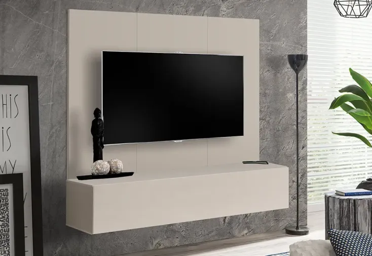 Meuble TV suspendu en bois beige 160 cm + panneau mural - Fly B