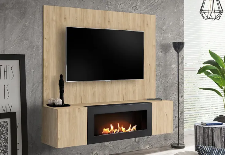 Meuble TV suspendu en bois clair 160 cm + biocheminée et panneau - Fly B