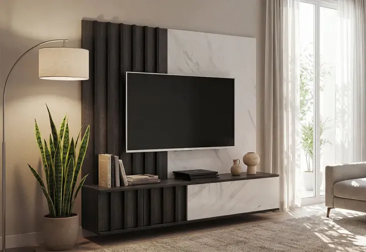 Meuble TV mural en bois foncé et effet marbre blanc - 160 cm 