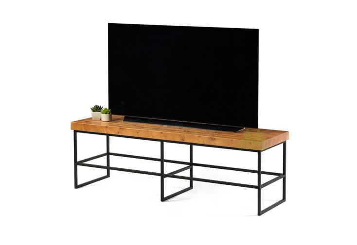 Meuble TV en bois de pin massif et acier Isabelle – 153 x 48 x 51 cm