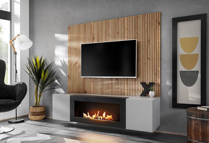 Meuble TV en bois + parement mural et foyer bioéthanol – Xari