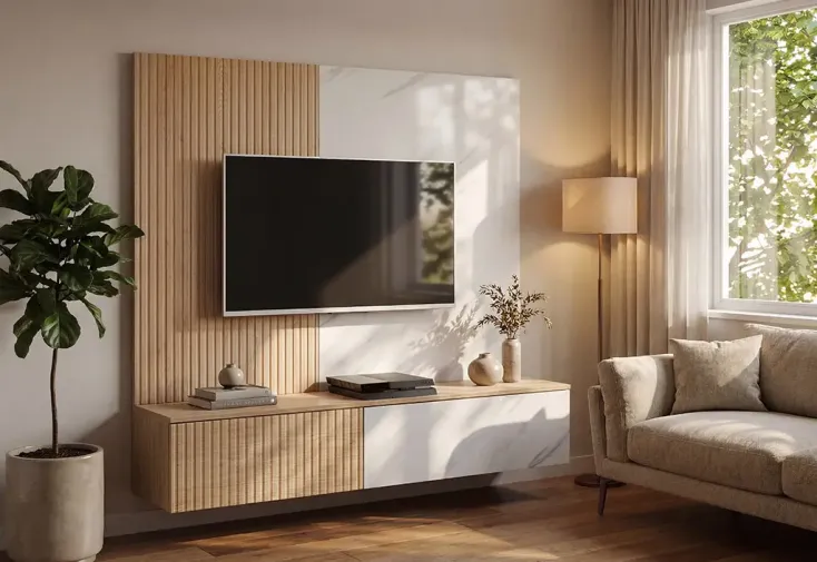 Meuble TV mural en bois clair et effet marbre blanc - 160 cm 