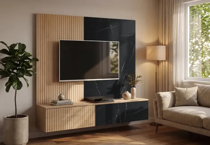 Meuble TV mural en bois et effet marbre noir - 160 cm 