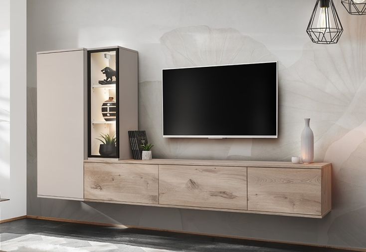 Meuble TV mural en bois + placard et meuble vitrine – Clare