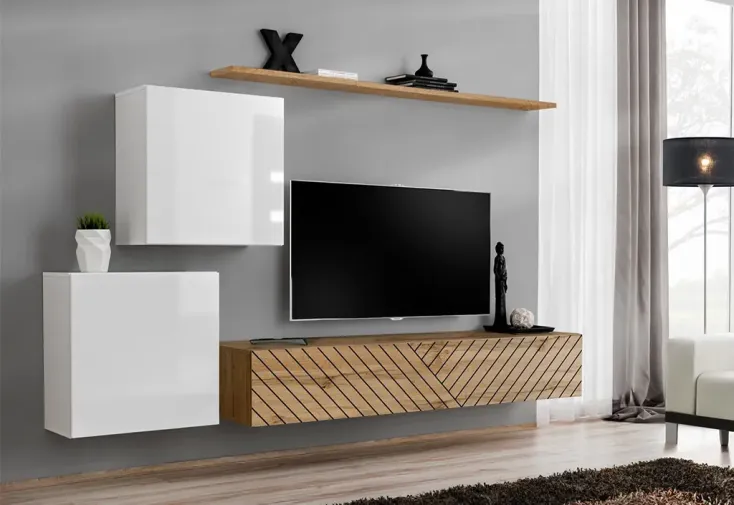 Ensemble meuble TV suspendu blanc et bois 180 cm : étagère, placards