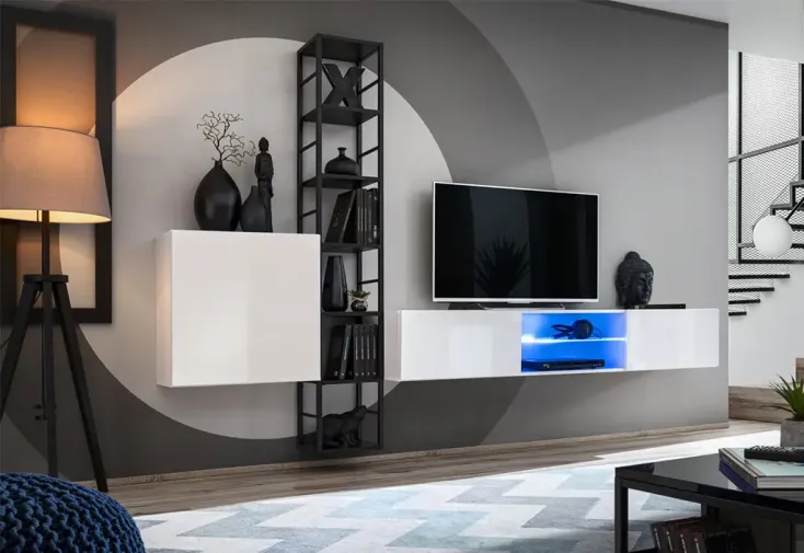 Ensemble meuble TV suspendu en bois blanc 180 cm : bibliothèque et placard