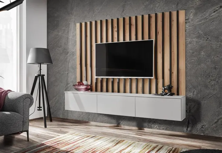Meuble TV suspendu 180 cm en bois blanc + parement mural – Verti II