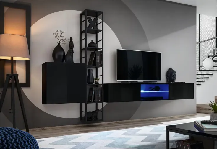 Ensemble meuble TV suspendu en bois noir 180 cm : bibliothèque et placard