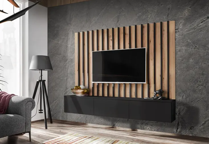 Meuble TV suspendu 180 cm en bois noir + parement mural – Verti II