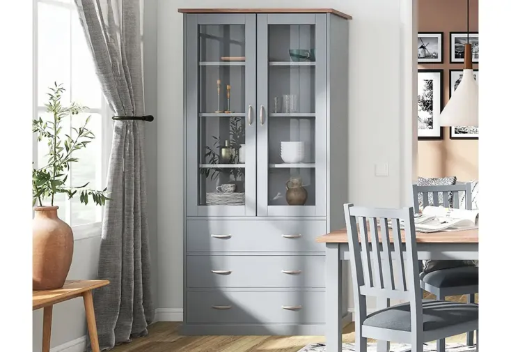 Meuble vitrine 3 tiroirs en bois massif gris et sépia - L. 90 cm H. 190 cm