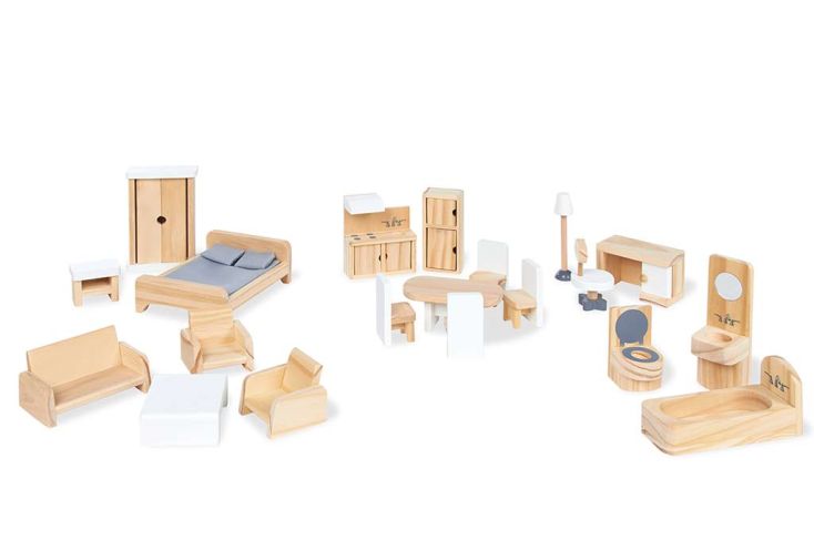 Meubles pour Maison de Poupées en Bois - Set de 20 Pièces