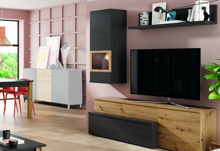 Meubles de salon en bois : 1 meuble TV, 1 caisson bas, 1 vitrine et 1 étagère murale