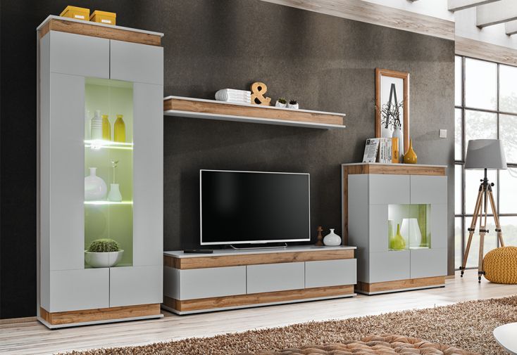 Meubles de salon en bois : 2 vitrines, 1 meuble TV et 1 étagère murale