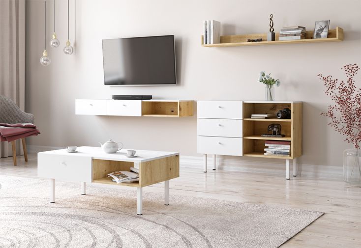 Ensemble meubles de salon en bois Tulia : 1 meuble TV, 1 table basse, 1 commode, 1 étagère murale