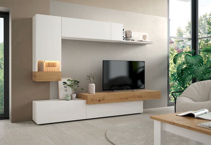 Meubles de salon en bois : 1 meuble TV, 1 vitrine, 1 caisson, 1 étagère