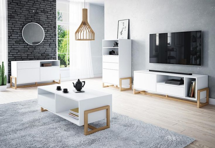 Meubles de salon en bois Oslo : 1 meuble TV, 2 commodes et 1 table basse