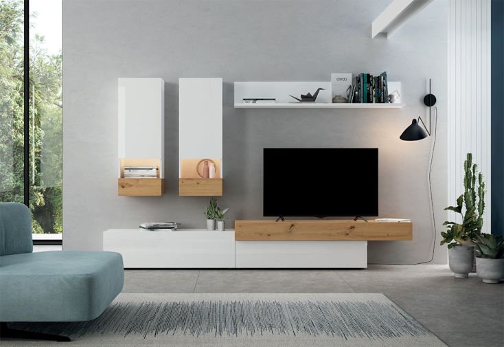 Meubles de salon en bois Aura.2 : 1 meuble TV, 2 vitrines et 1 étagère