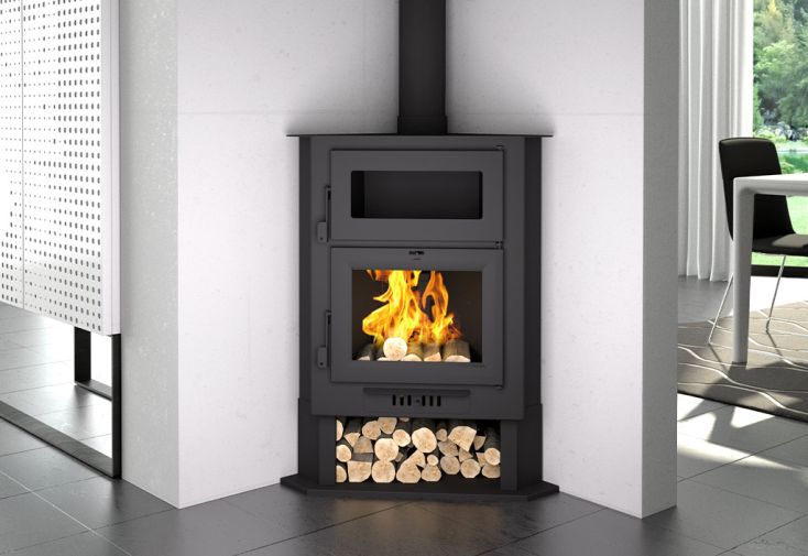 Poêle à bois d'angle double combustion avec four et bûcher 15 kW – CH-5 H -  FM Calefaccion