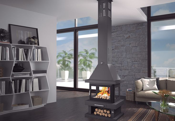 Poêle à bois central double combustion avec bûcher 13 kW – C-104