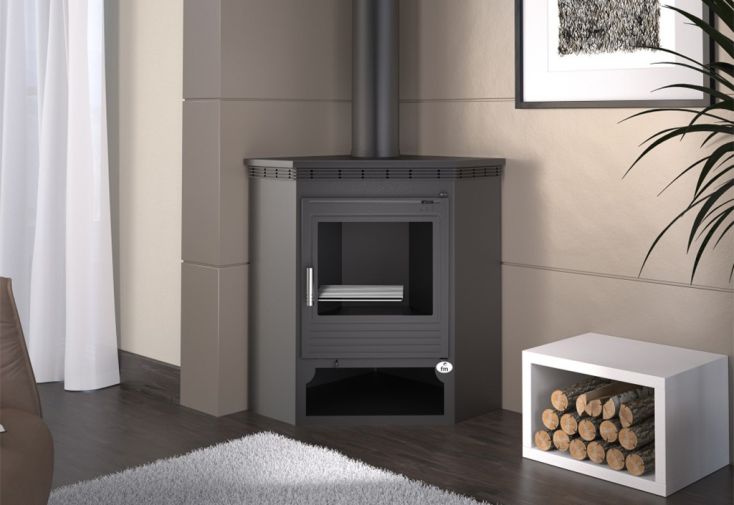 Poêle à bois d’angle double combustion avec bûcher intégré 15 kW – M-105