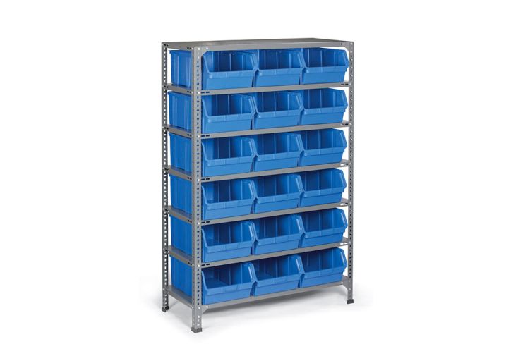 Rayonnage Industriel + Bacs 18 x 20 Litres - 260x1000x1600