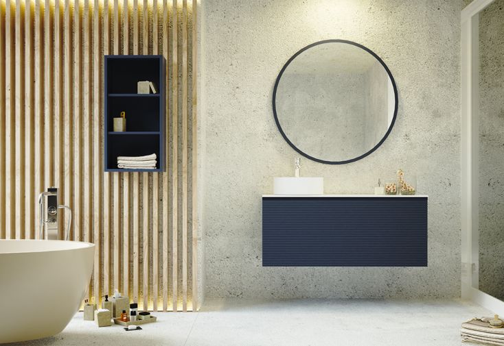 Ensemble de salle de bain : meuble de vasque, étagère, miroir rond