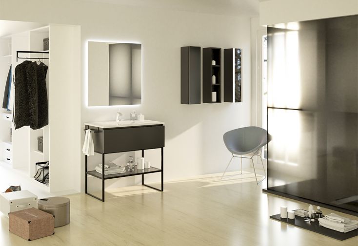 Ensemble meubles de salle de bain : meuble de vasque encastrable, miroir rectangulaire, colonne