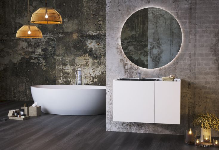 Ensemble meubles de salle de bain : meuble de vasque encastrable, miroir rond à LED