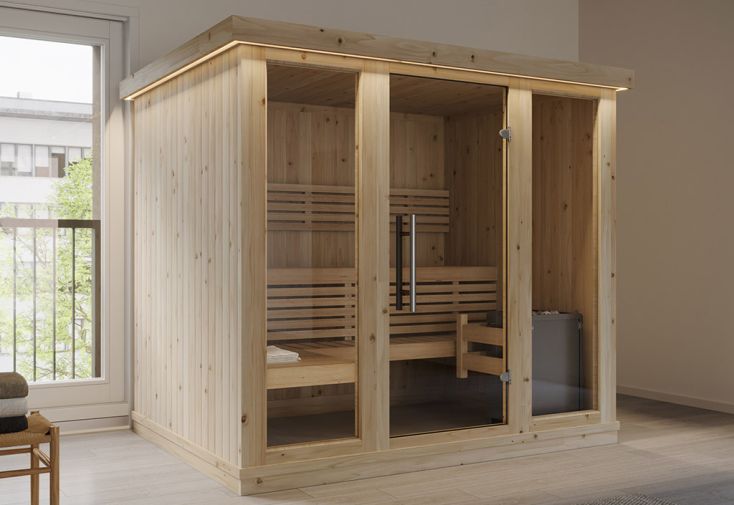 Sauna traditionnel en bois d’épicéa et verre trempé - 175 x 224 cm