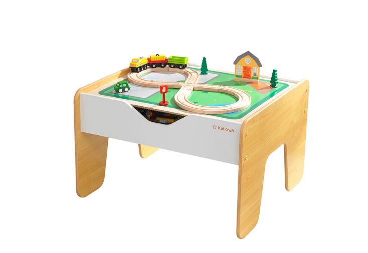 Table d’activité enfant : circuit train en bois et jeu de construction